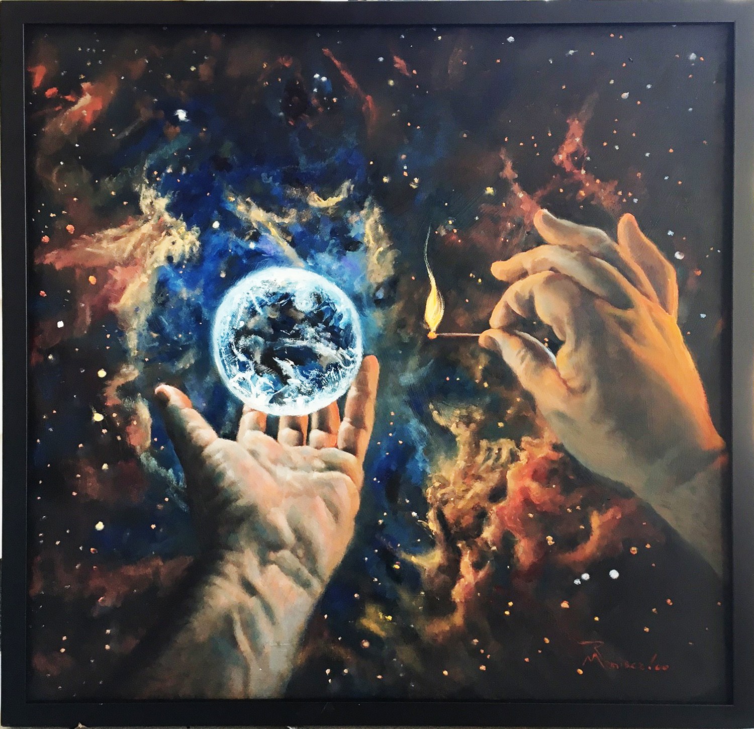 Two hands hold a glowing Earth against a cosmic background with stars and nebulae.
