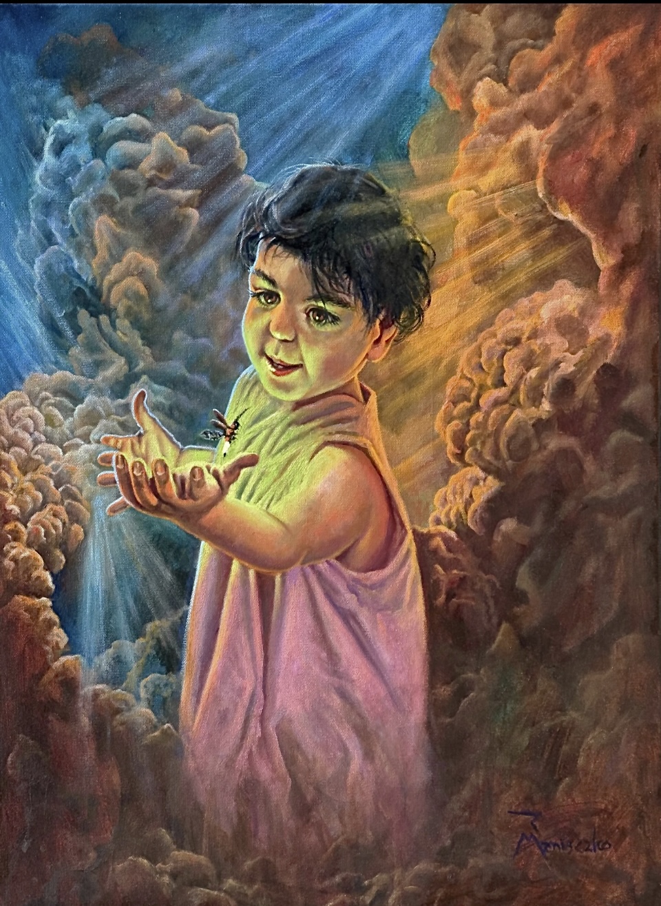 Child with short dark hair and a pink dress reaches out with an open hand amidst colorful clouds and light effects.