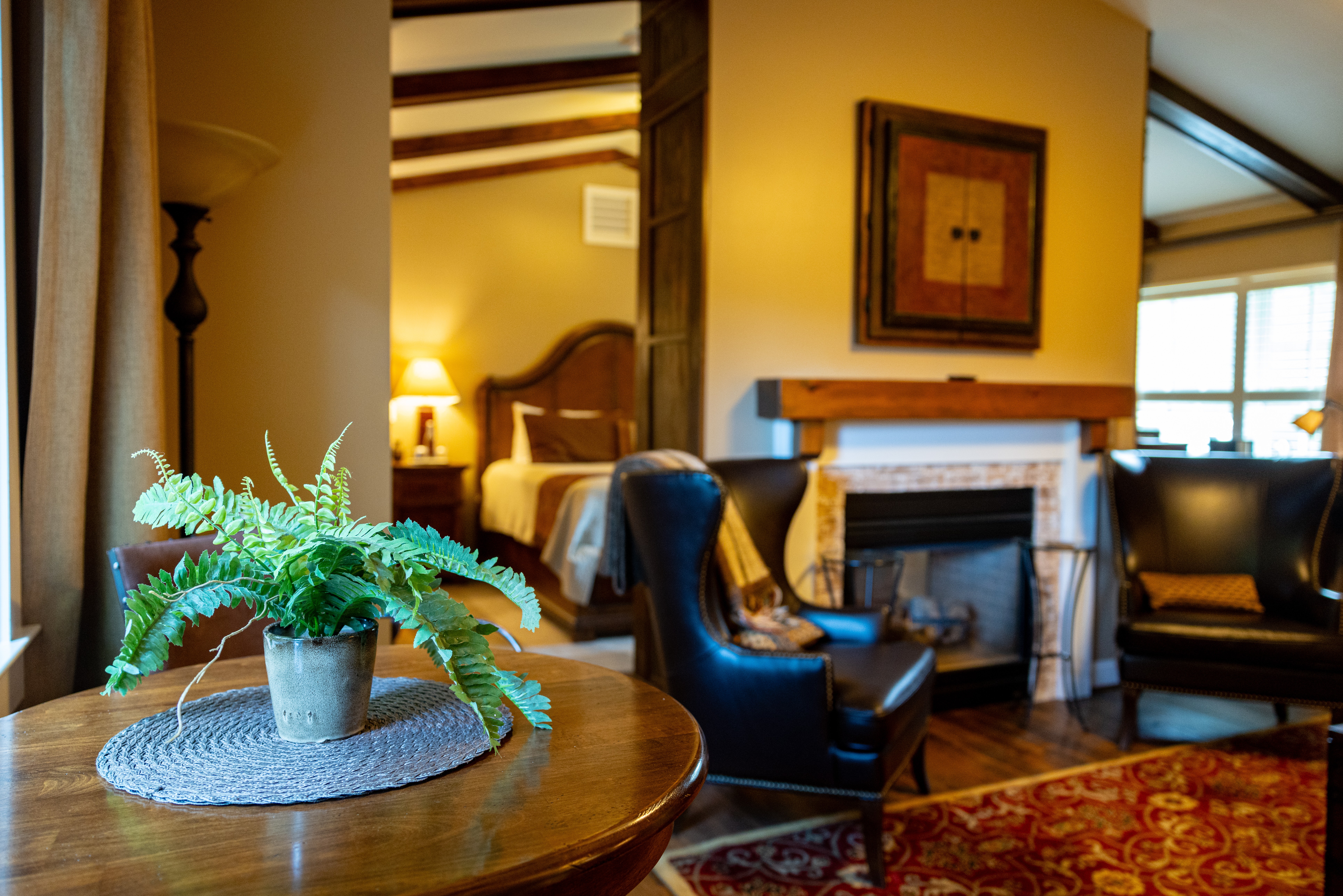 Living room with a wooden table, potted fern, fireplace, armchair, and window with sunlight.