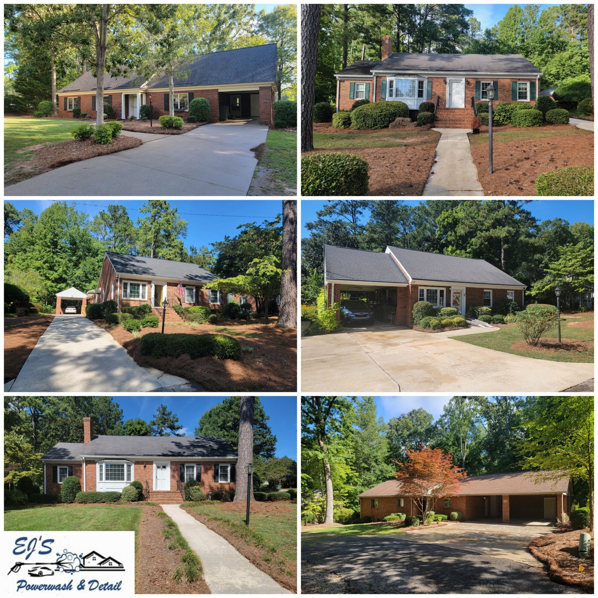 Six houses with driveways and front yards, some with trees and bushes, in a suburban neighborhood.
