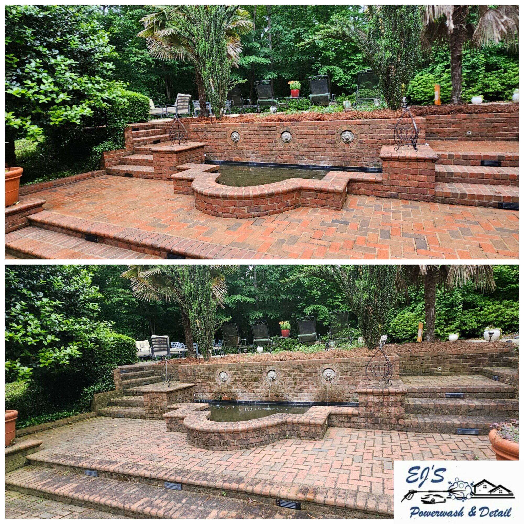 Brick patio with curved steps and a water feature in a lush garden setting.