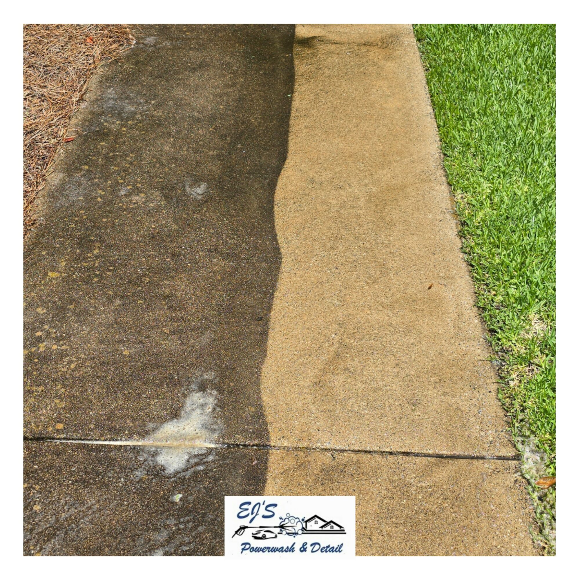 Sidewalk with wet and dry sections, grass on the right, and a small sign at the bottom.