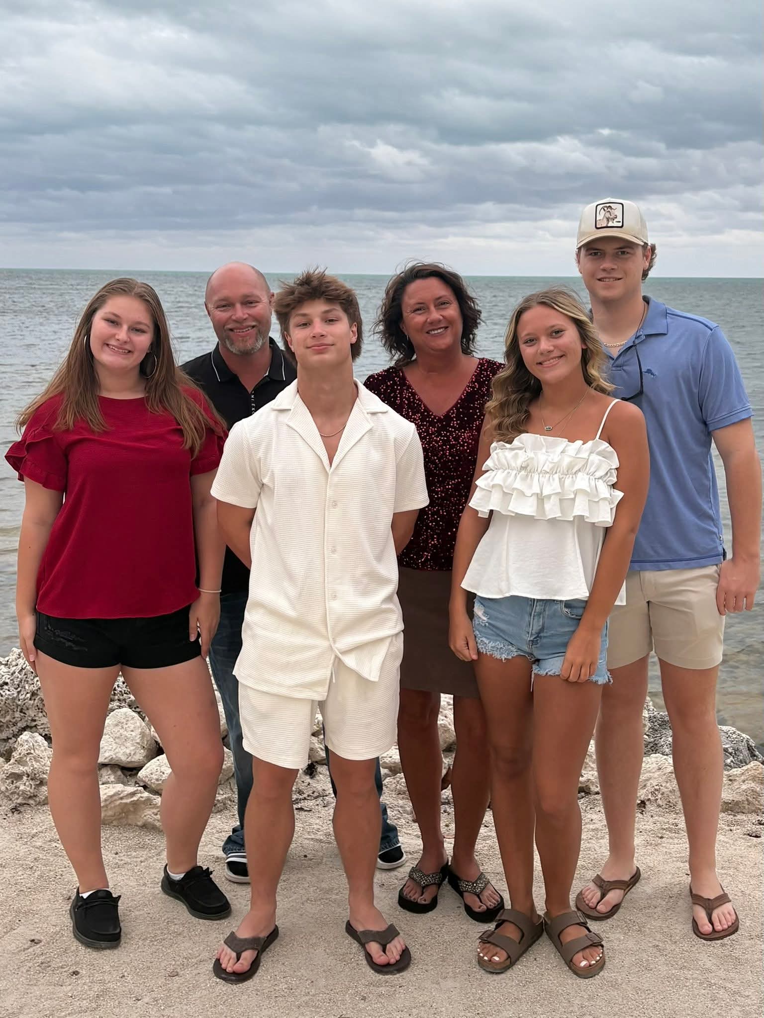 Group of six people standing on a rocky beach with water and cloudy sky in background.