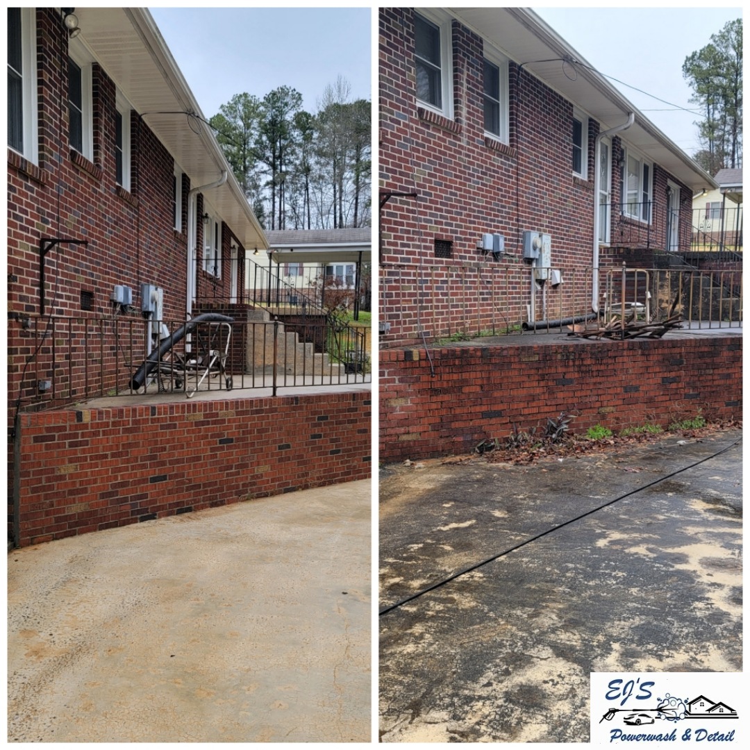 Side-by-side comparison of two brick buildings with different ground surfaces, one with a clean concrete area, the other with stained pavement.