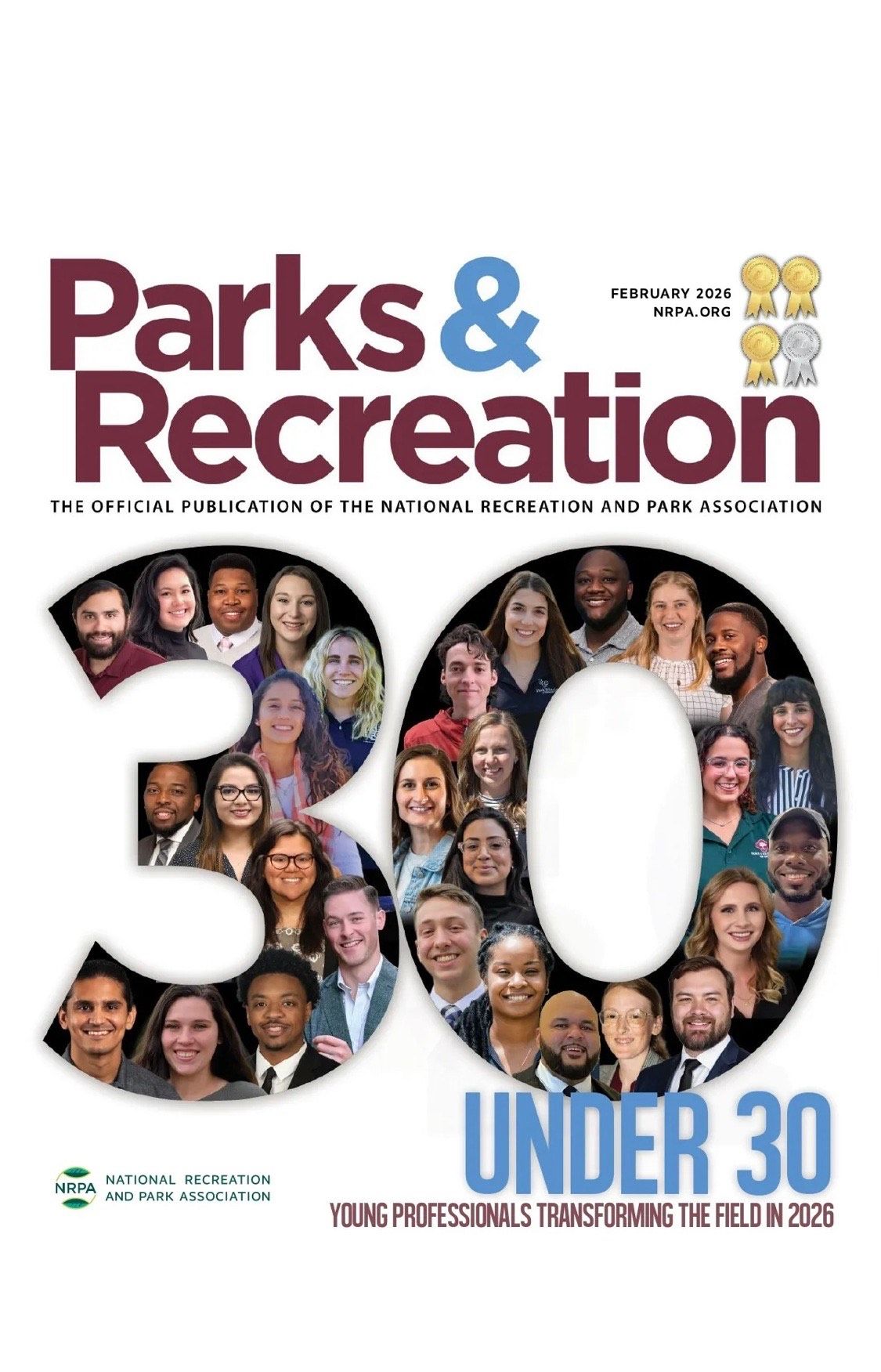 Magazine cover with group of diverse young professionals smiling, title 'Parks & Recreation,' February 2023 issue, under 30 theme.