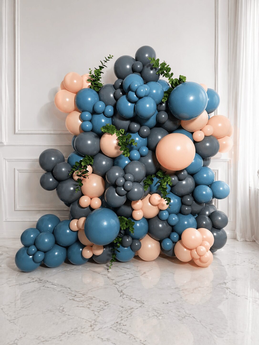Cluster of balloons in blue, gray, and peach colors with green foliage, arranged against a white wall and marble floor.