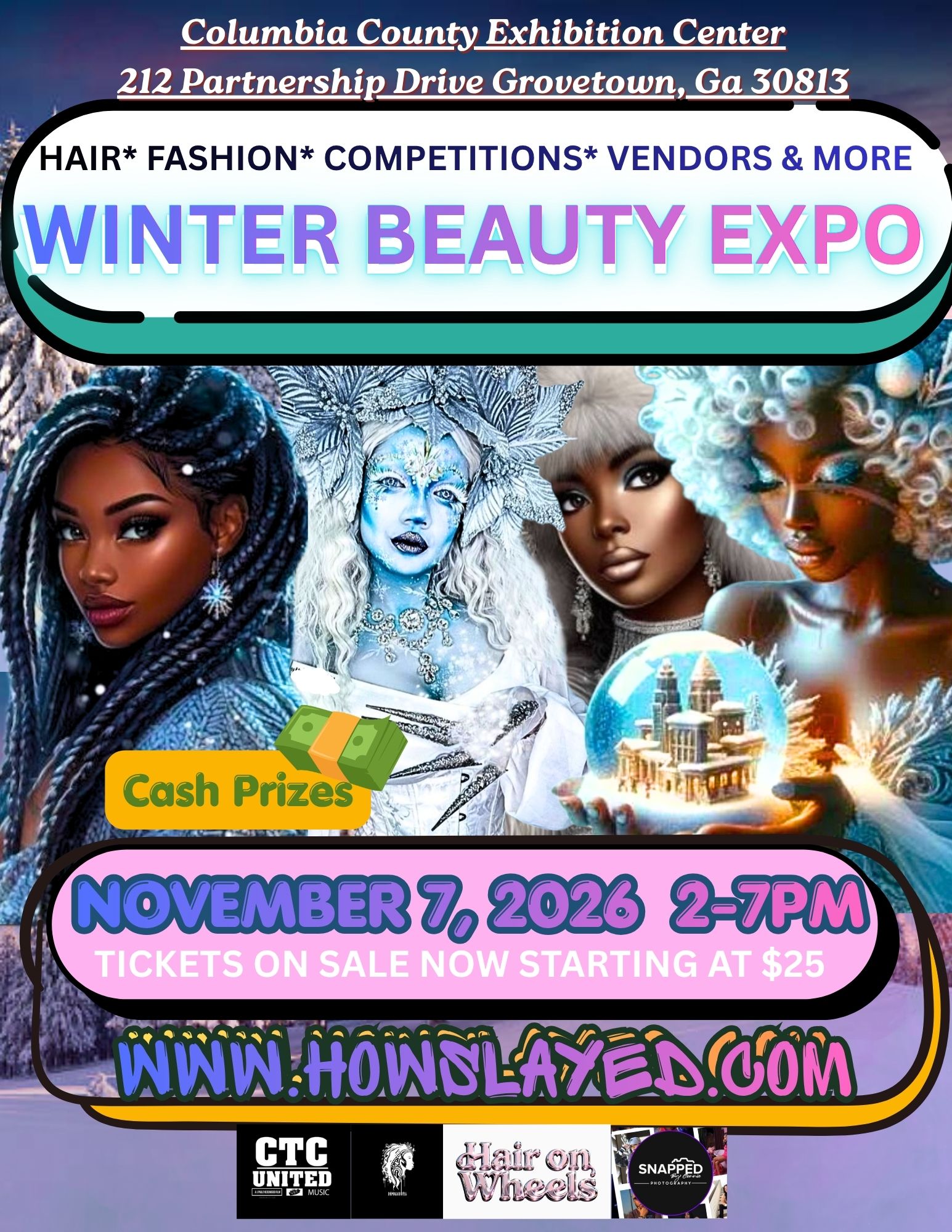 Event poster for Winter Beauty Expo at Columbia County Exhibition Center, featuring diverse women, cash prizes, and event details.