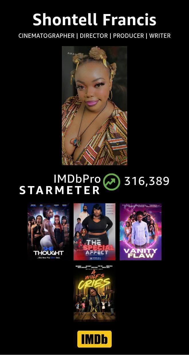 Portrait of Shontell Francis with text and movie thumbnails below.