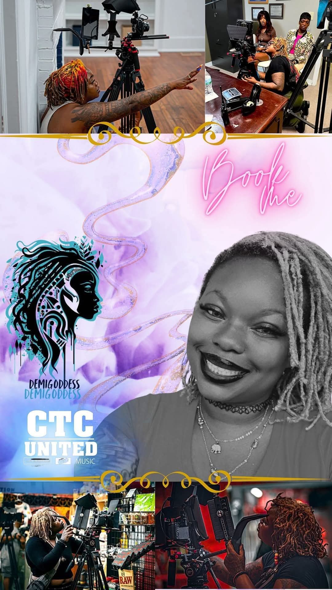 Black woman with dreadlocks smiling, purple background, logo, and text, behind camera crew and filming equipment.