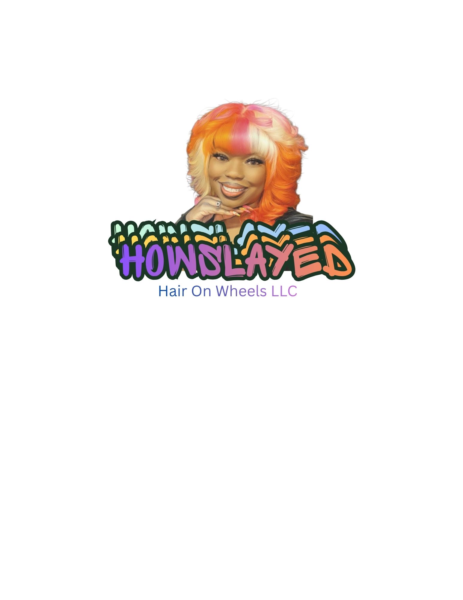Person with colorful orange and pink hair smiling, holding a sign that says 'HOWLAYS' in rainbow colors.