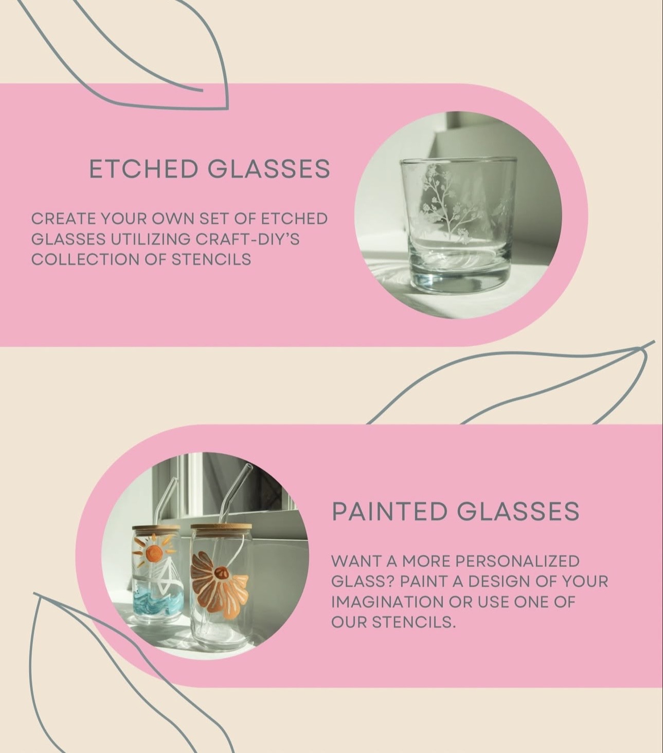 Two sections showing etched and painted glasses with descriptions, on a pink and beige background with leaf illustrations.