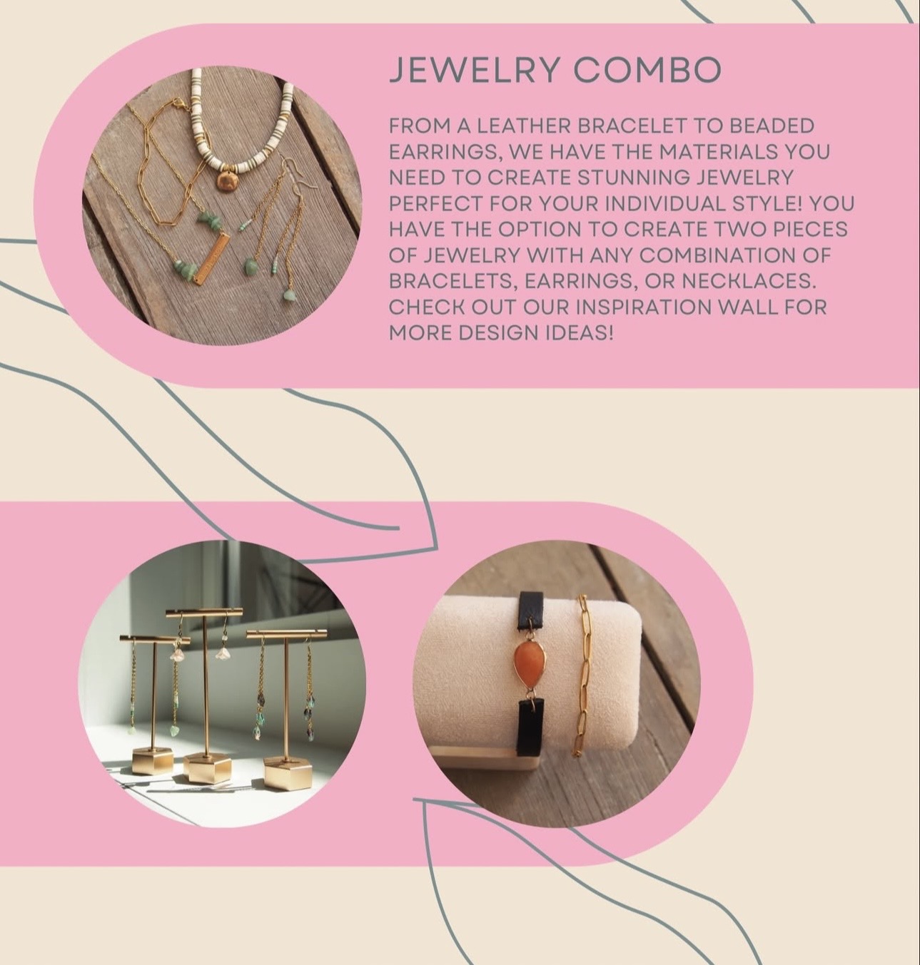 Jewelry display with necklaces, earrings, and bracelets on pink background with text about jewelry combo options.