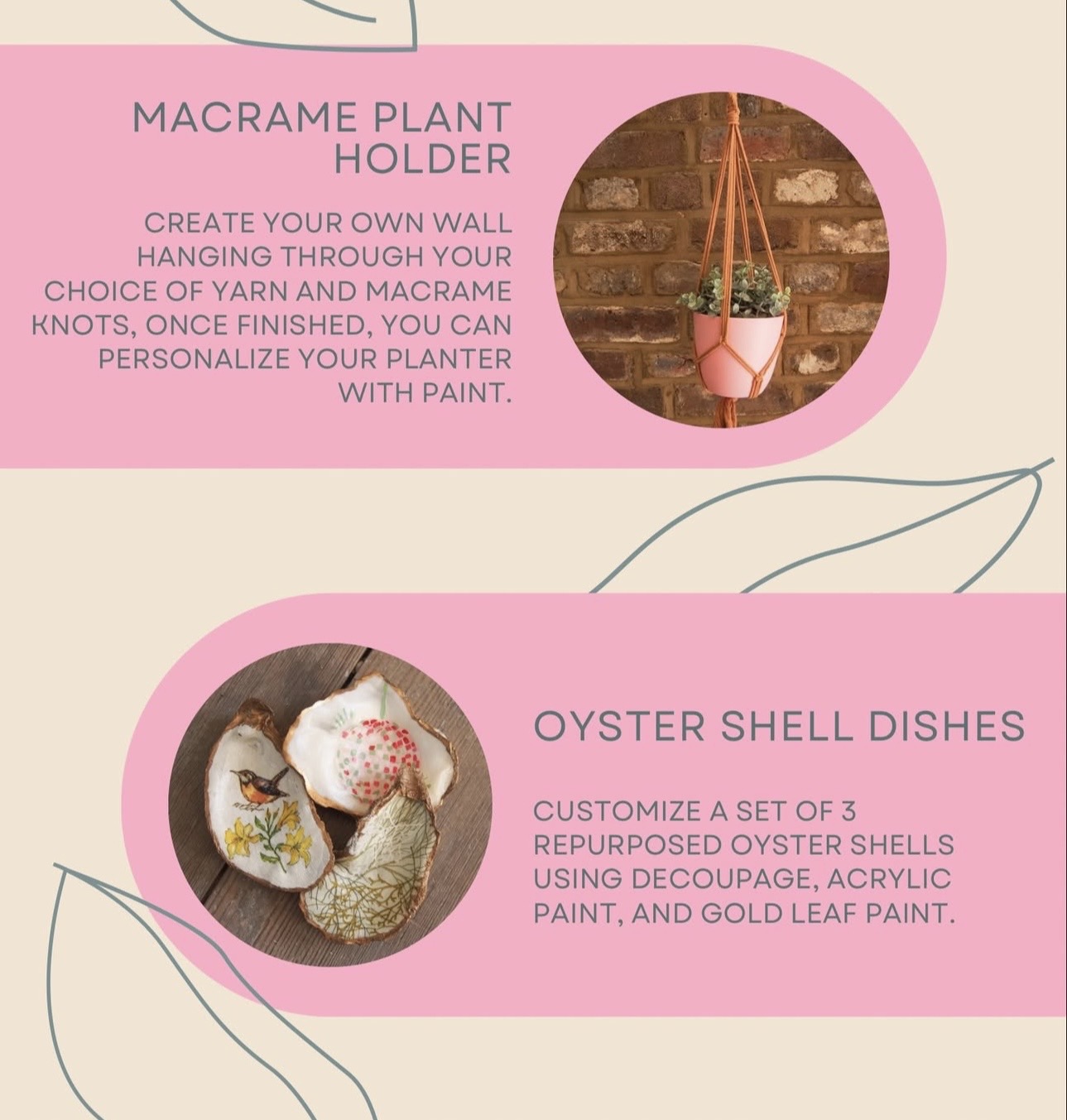 Pink background with two sections: a plant holder hanging on a wall and a set of three oyster shell dishes.