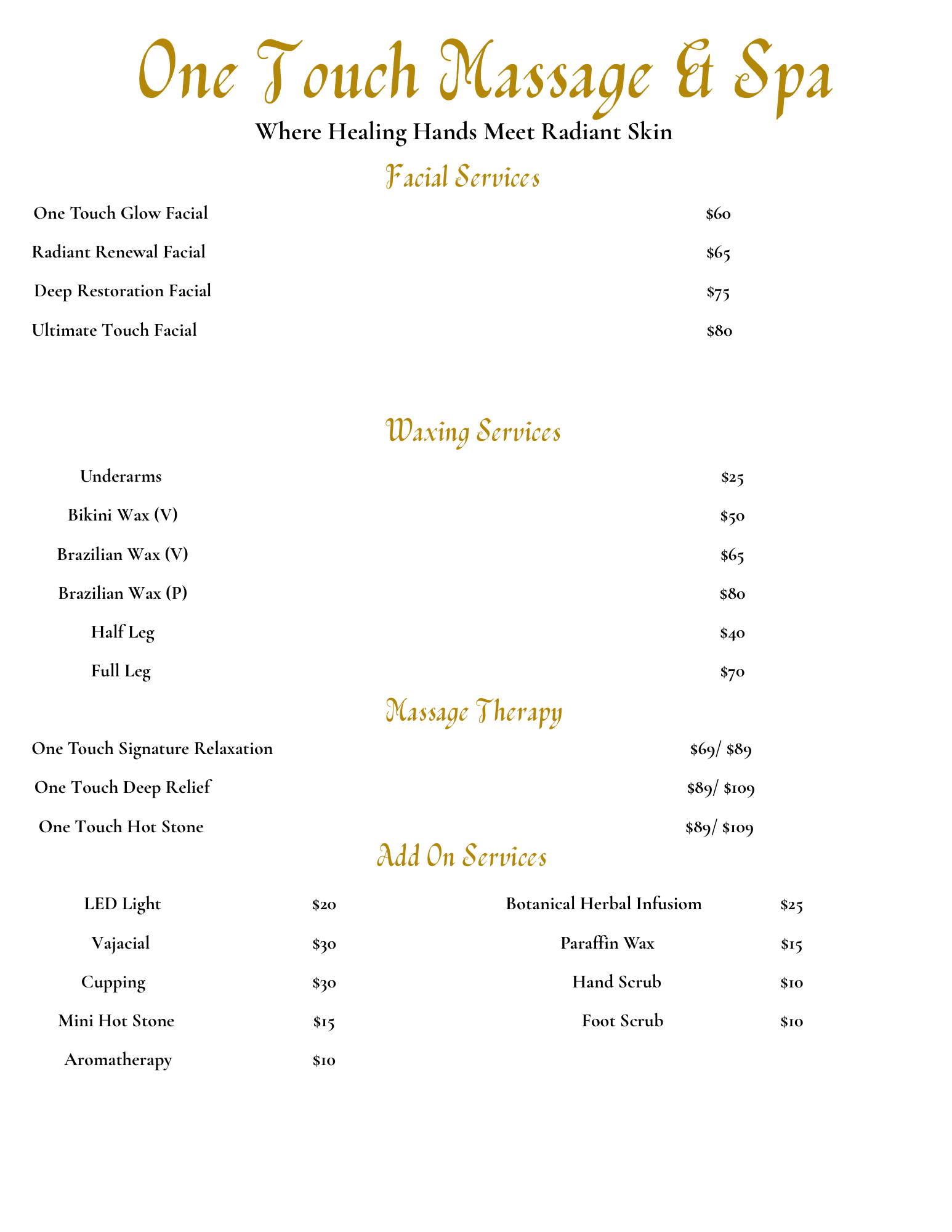 Spa menu listing massage, facial, waxing, and add-on services with prices, in gold and black text.