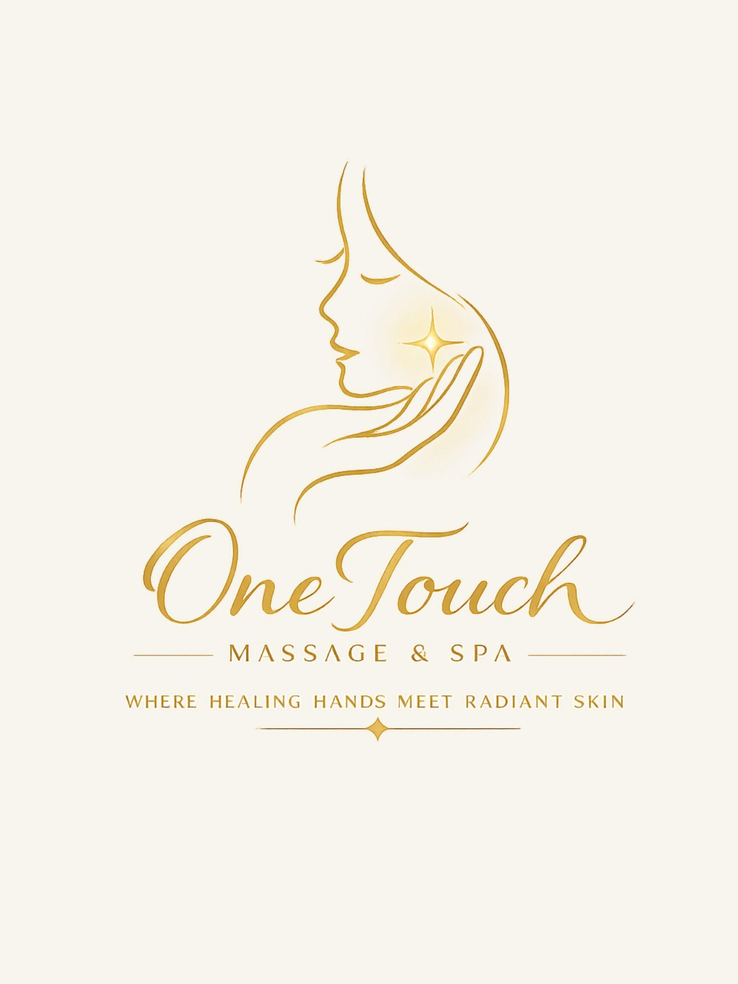 Line drawing of a woman's face and hand with a star, logo for One Touch Massage & Spa, tagline below.