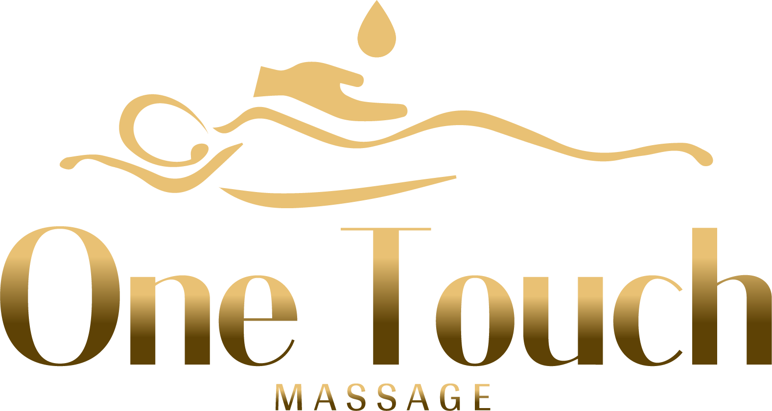 Logo with a stylized person receiving a massage, text reads 'One Touch Massage' in gold on black background.