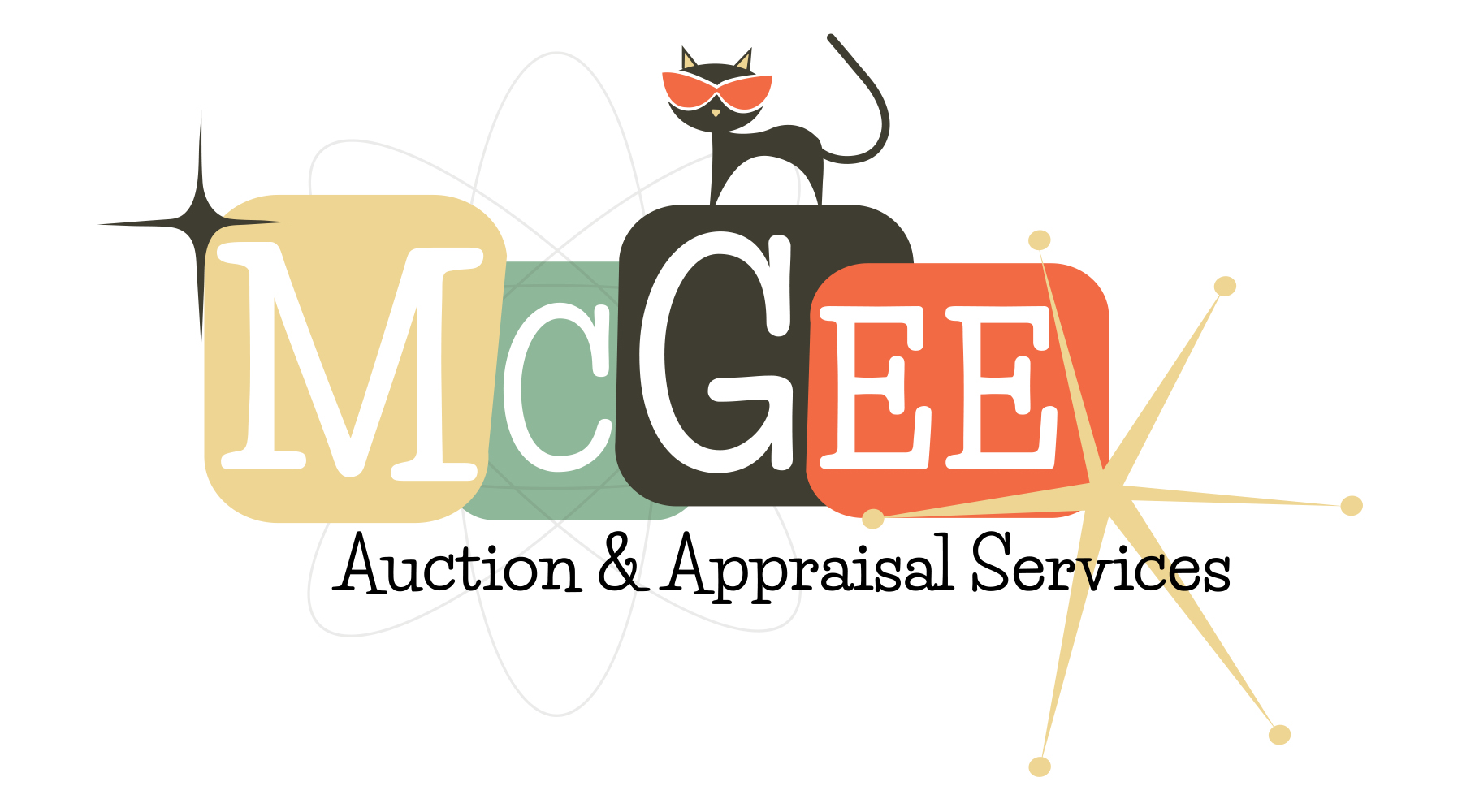 Logo with stylized letters, a black cat, and a gold geometric design, representing Auction & Appraisal Services.