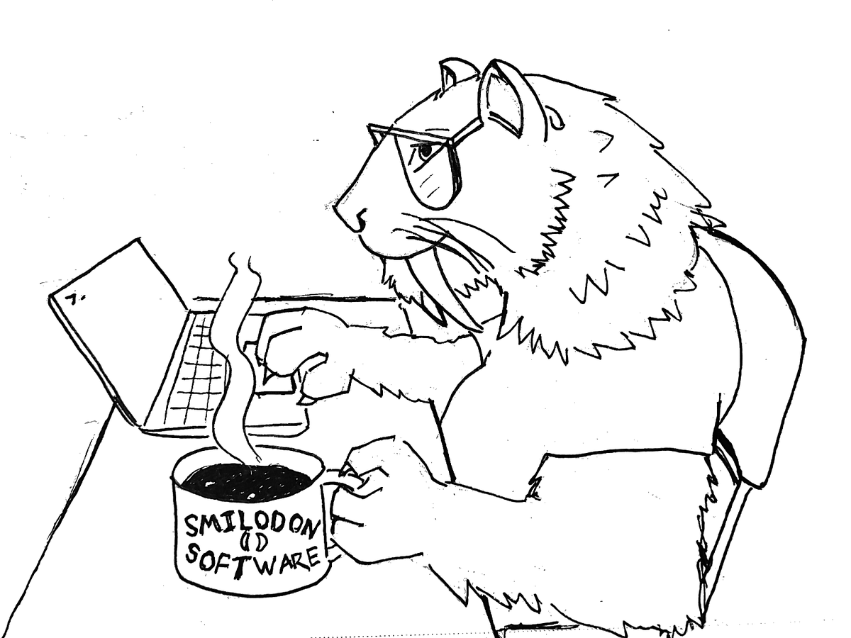 Lion wearing glasses working on a laptop with a steaming cup labeled 