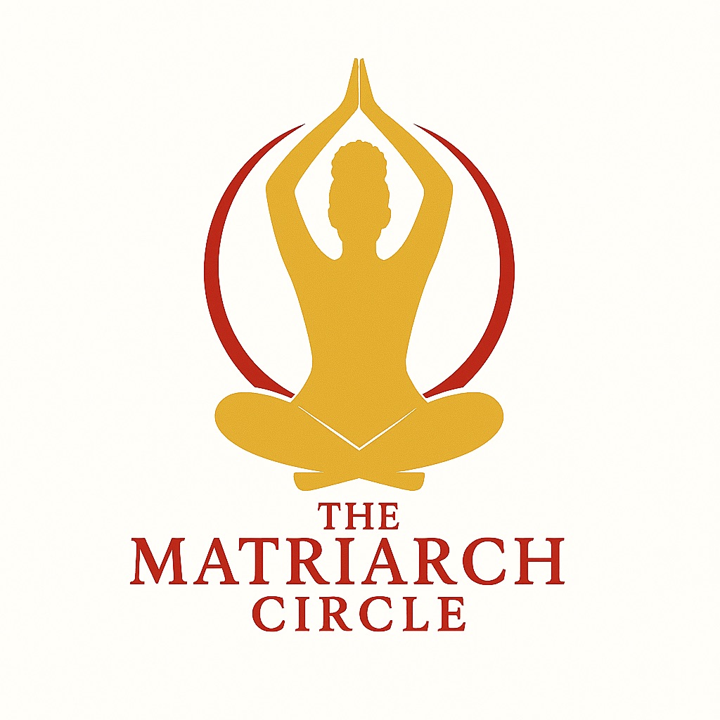 Silhouette of a person sitting cross-legged with hands raised above head, surrounded by a circular design, and text below.