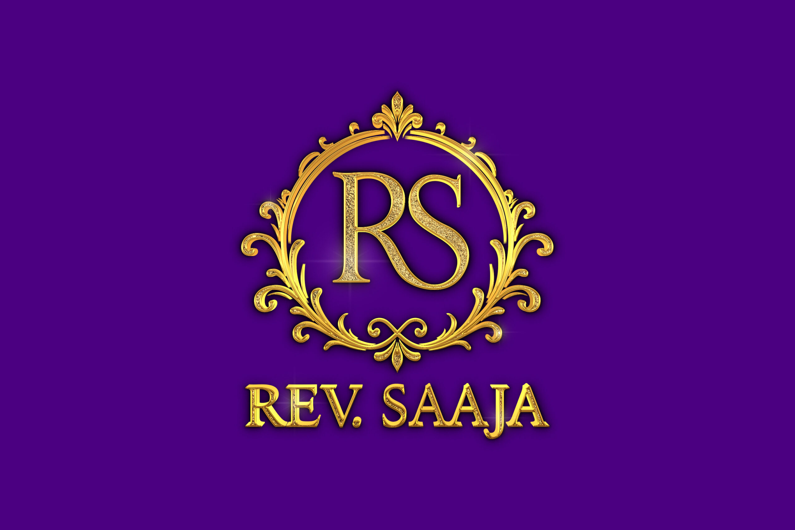 Gold ornate emblem with initials 'RS' and text 'REV. SAAJA' on purple background.