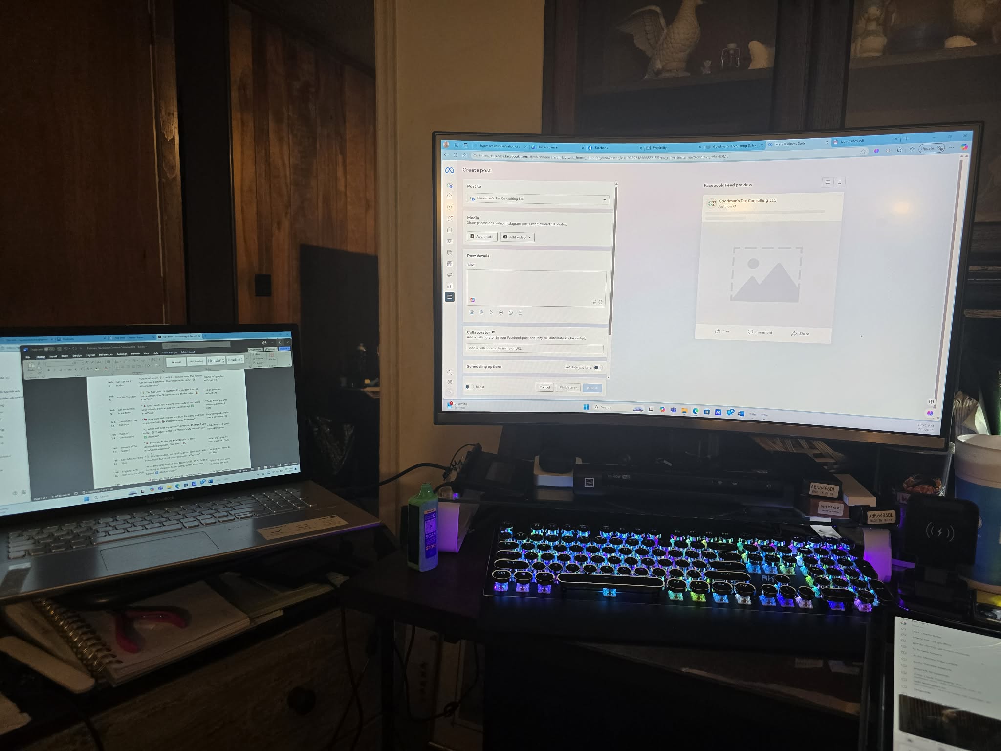 Two computer screens on a desk, one with a spreadsheet and the other with a chat window and image, keyboard with RGB lighting.