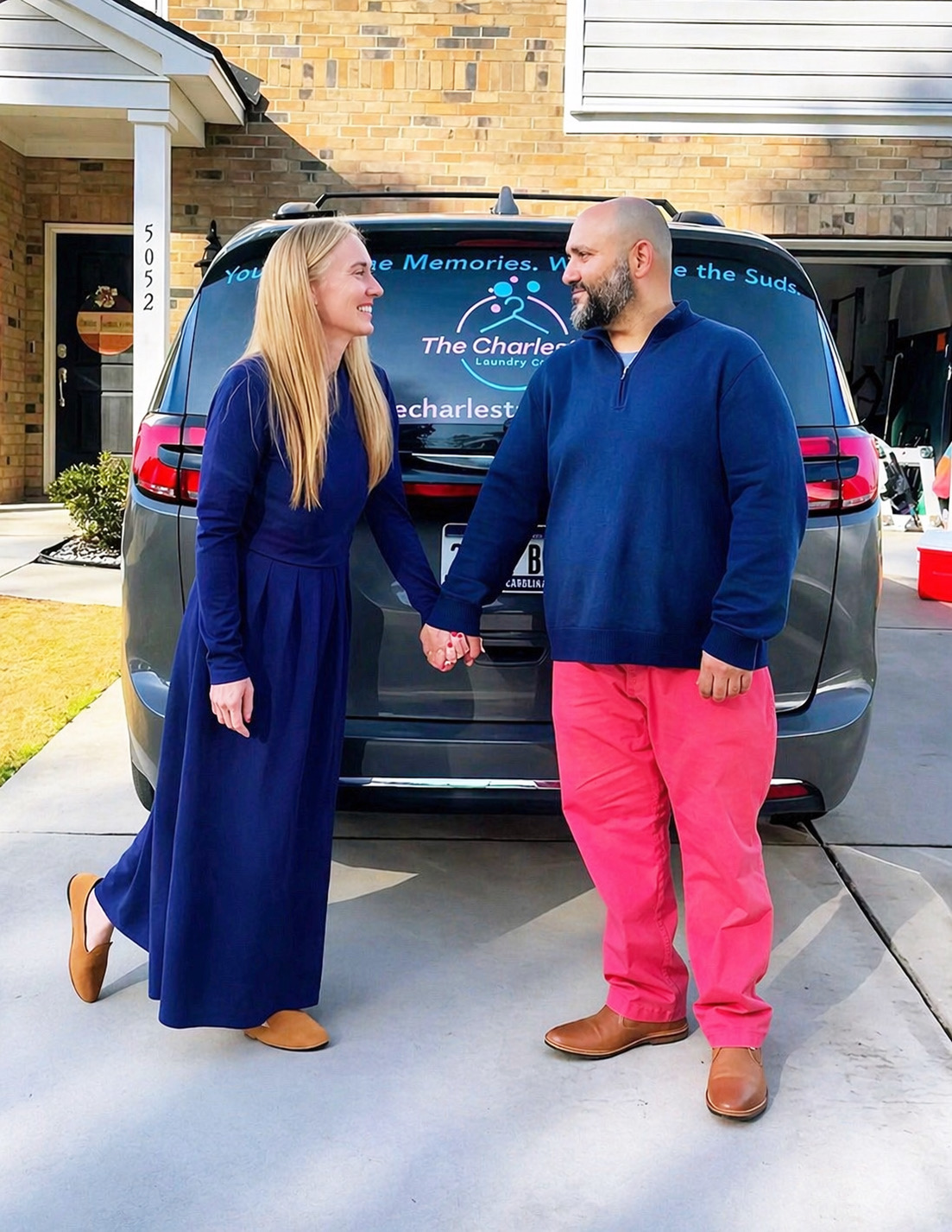 A man and woman hold hands and smile at each other in front of a vehicle, with a house in the background.