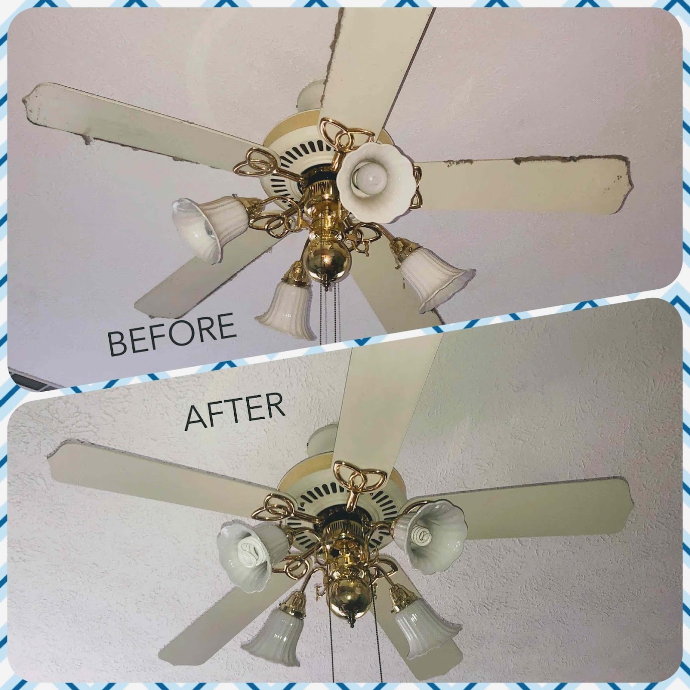 Ceiling fan with five blades and five light fixtures, before and after cleaning, on a white background.