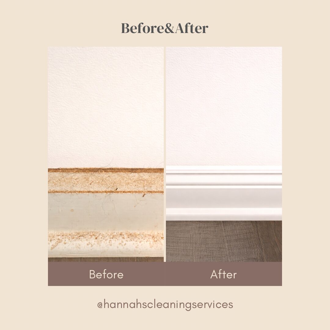 Comparison of a wall and baseboard before and after cleaning, showing cleaner surface after service.