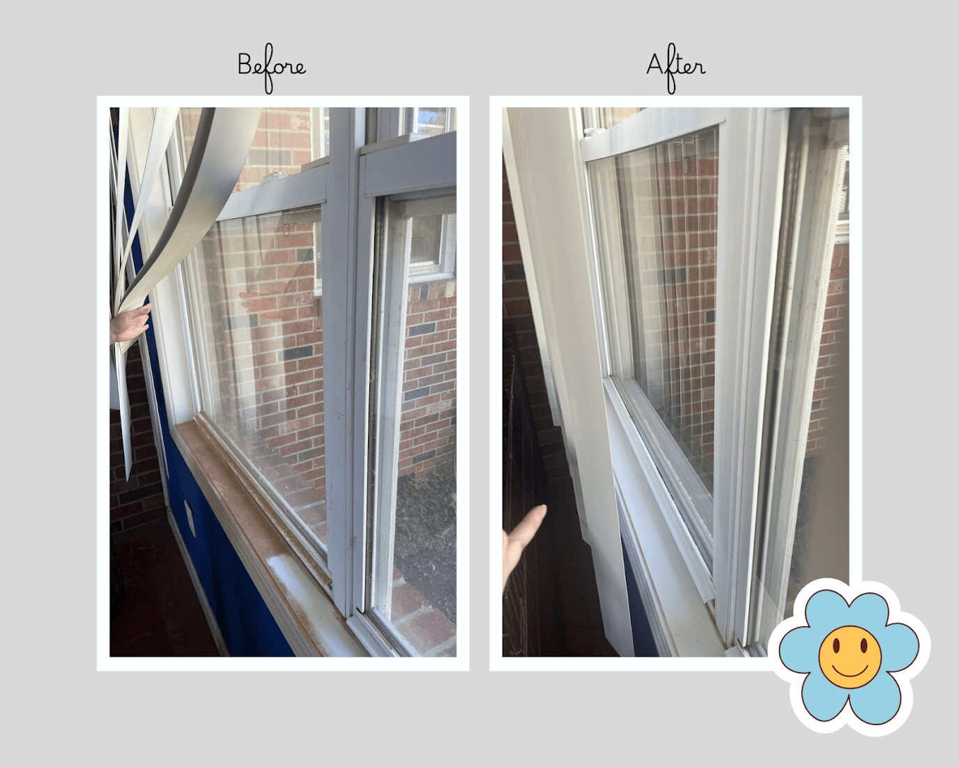Comparison of window with curtain partially drawn, showing difference in view and lighting.