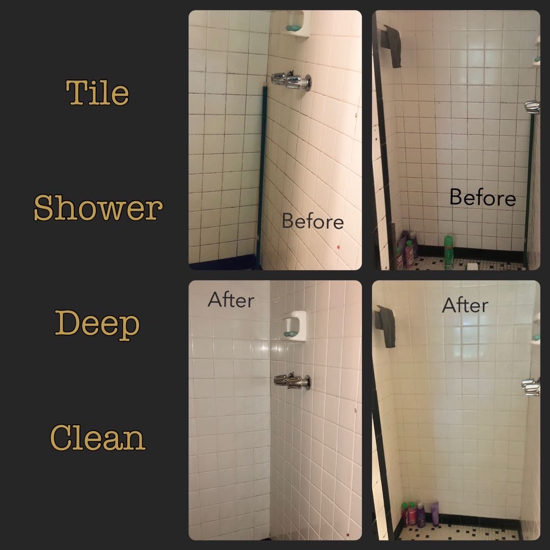 Comparison of shower tiles before and after cleaning, showing cleaner tiles and improved appearance.