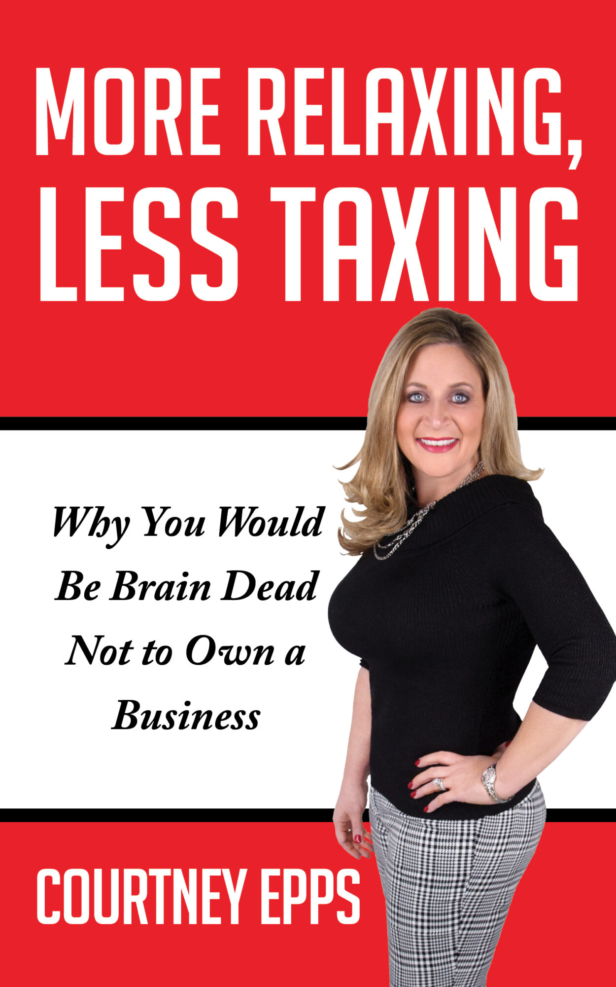 Book cover with red, white, and black background, title, subtitle, and a woman smiling with blonde hair and checkered pants.