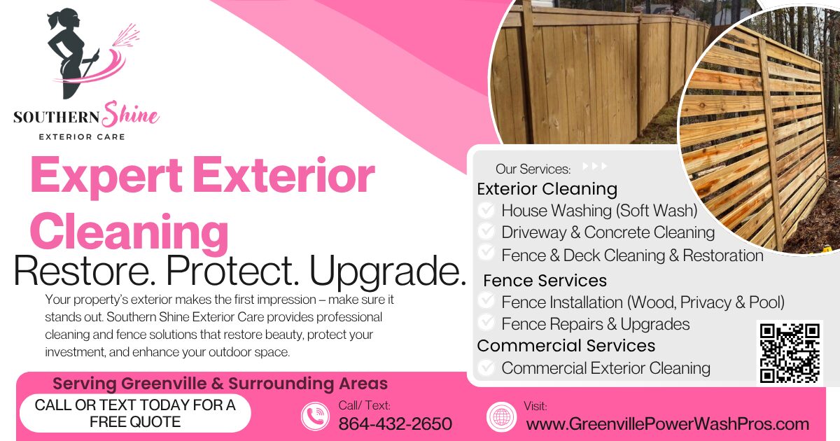 Advertisement for exterior cleaning and upgrade services, including fencing, decks, and power washing, with contact information and service areas.