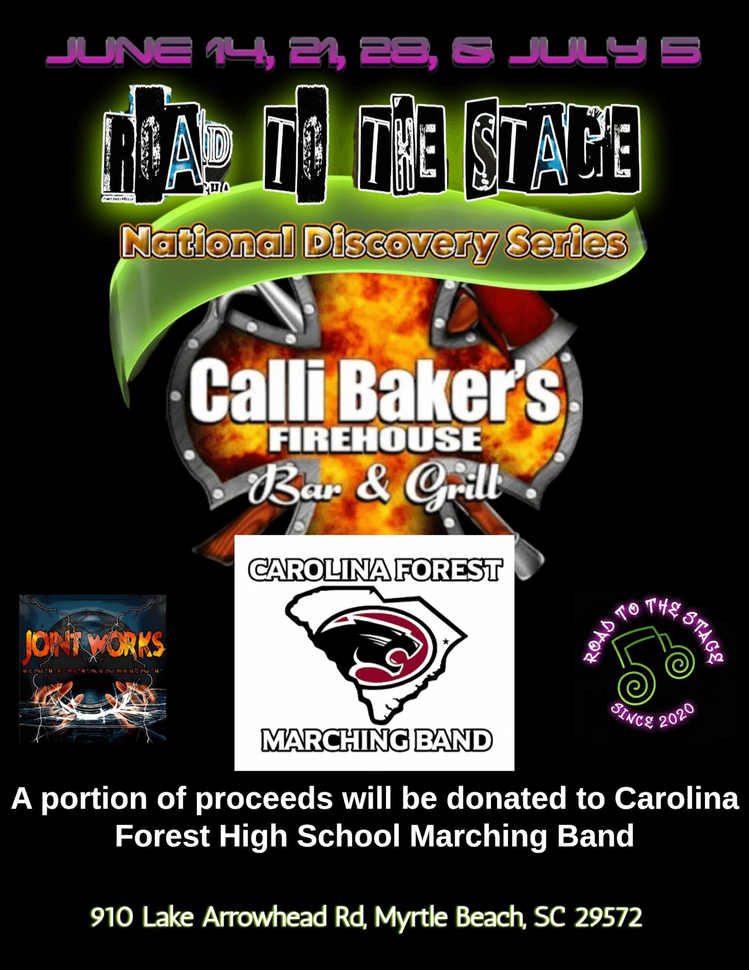 Event poster with dates, road trip theme, and logos for Calli Baker's Firehouse Bar & Grill, Carolina Forest Marching Band, and other sponsors.