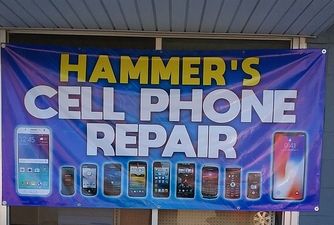Banner advertising cell phone repair with images of various smartphones and large text.
