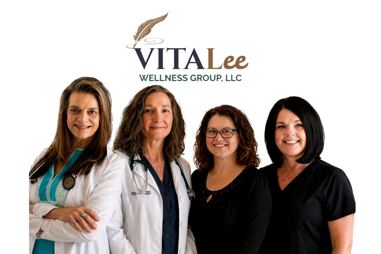 Four women standing together, smiling, with a logo and text above them, in a professional setting.