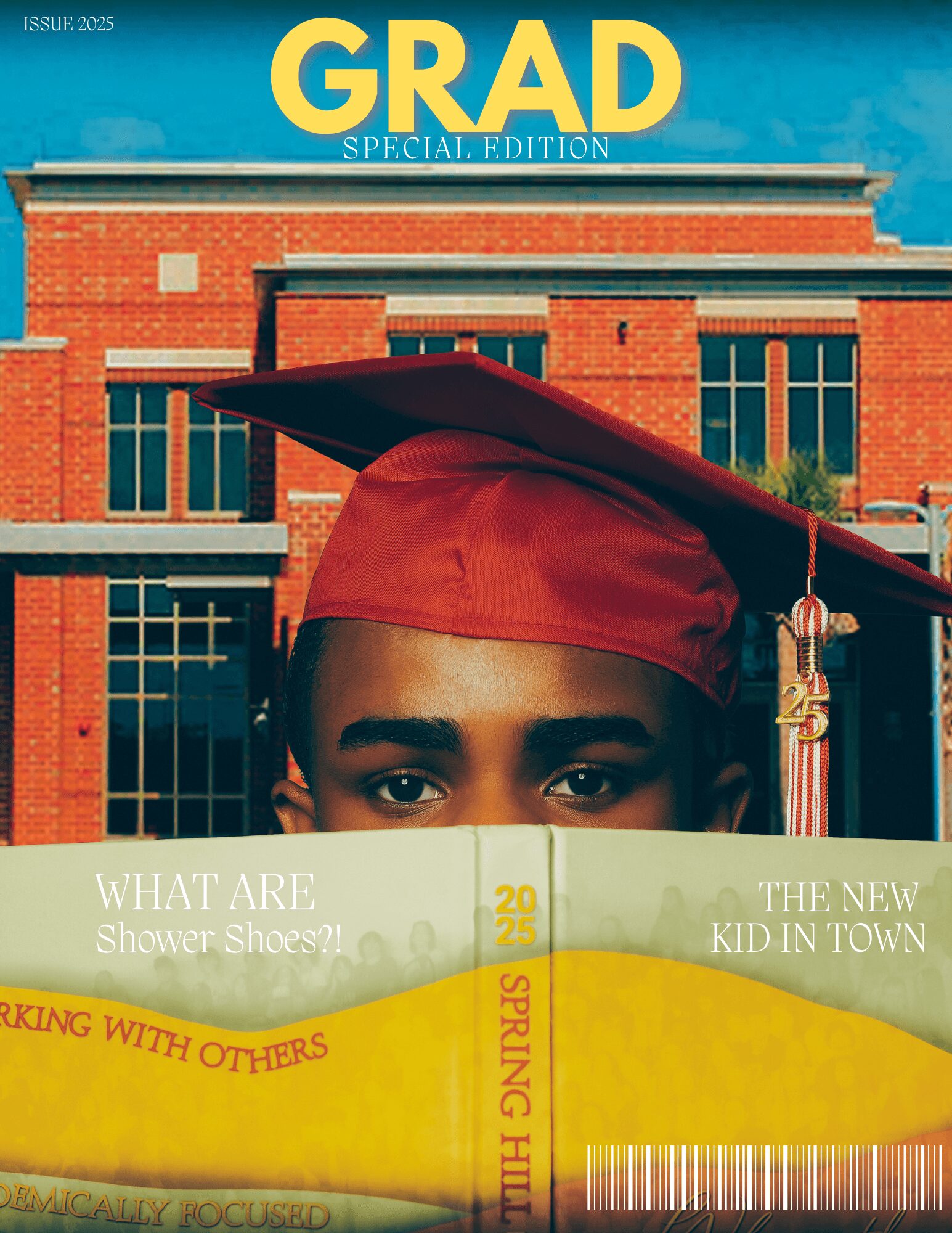 Close-up of a graduate wearing a red cap and gown in front of a brick building.
