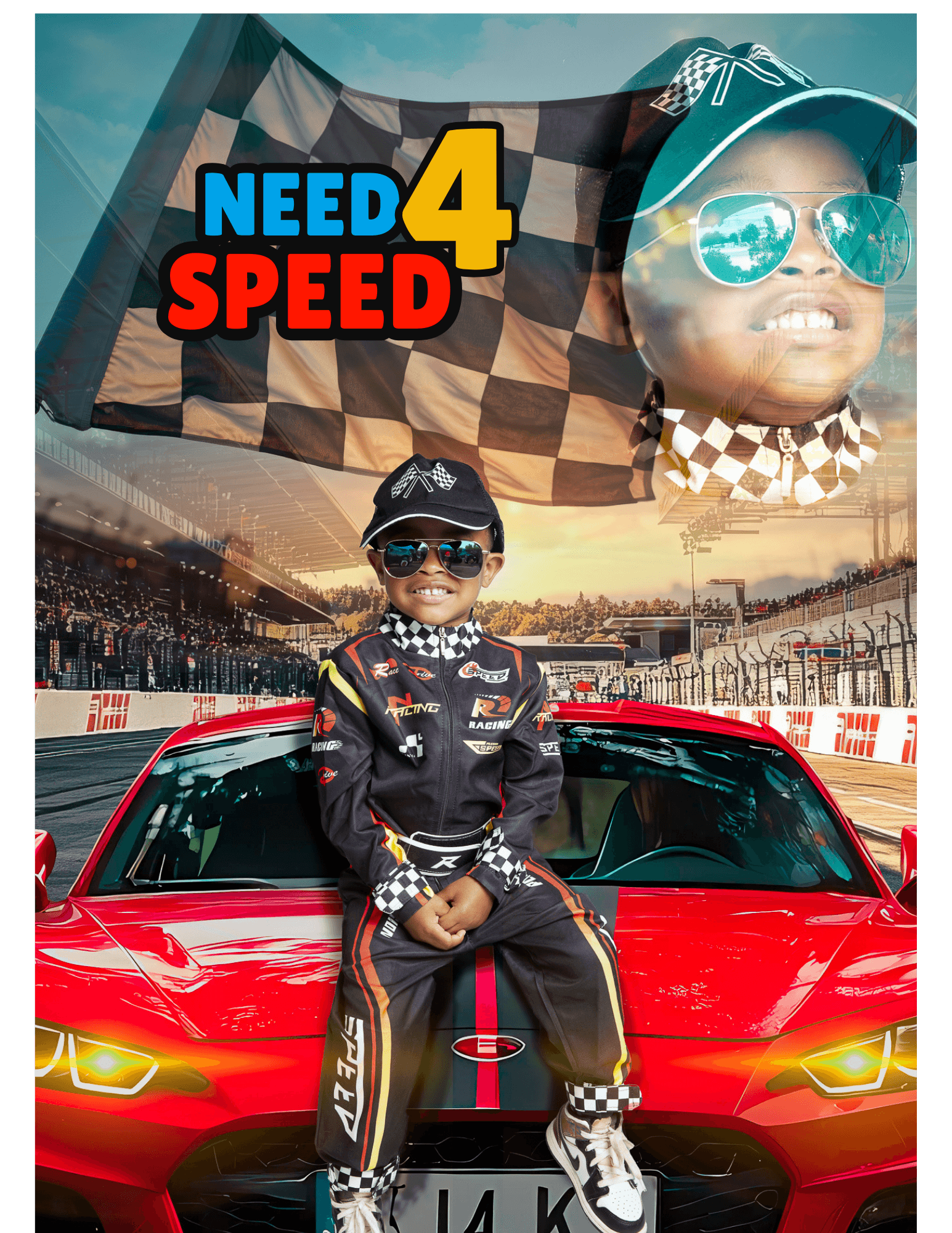 Child in racing suit standing in front of a red sports car with a checkered flag and a smiling face overlay.