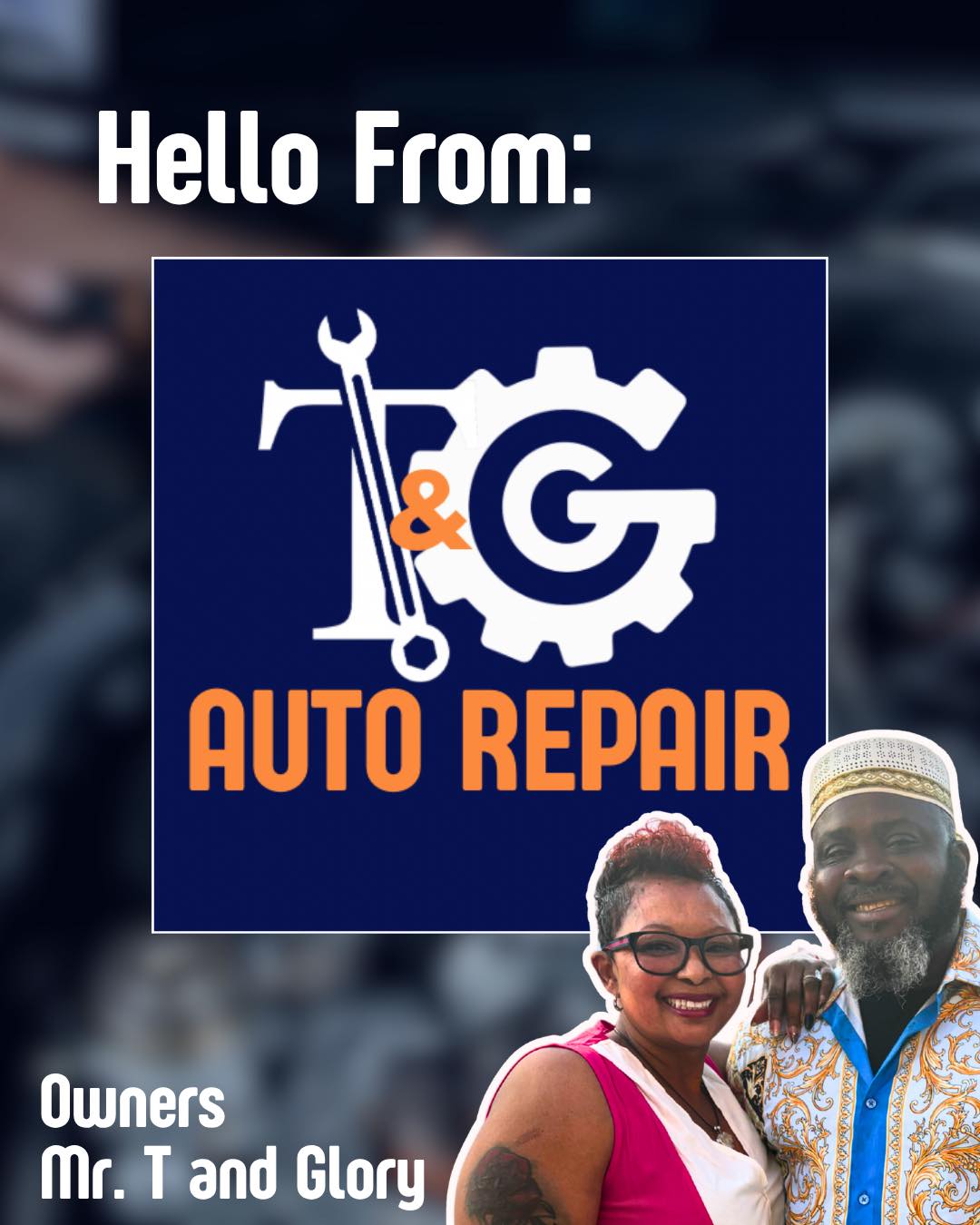 Logo for auto repair business with wrench, gear, and text, alongside smiling woman and man in colorful clothing.