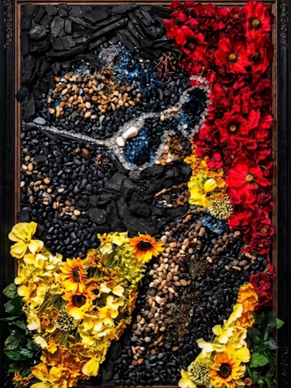 Portrait of a woman with flowers, made from various small objects, surrounded by red, yellow, and black flowers.