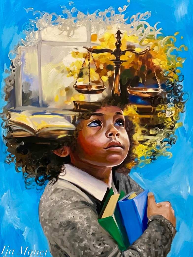 Young girl holding books, with a background of a scale, books, and yellow flowers, against a blue sky.
