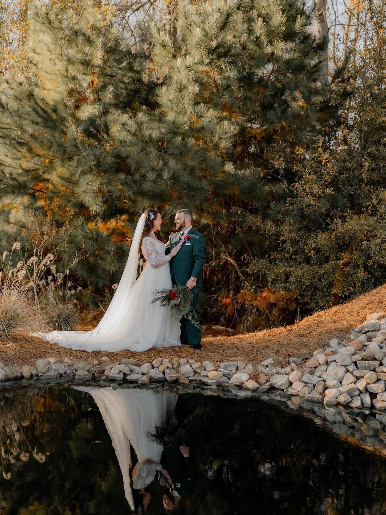 Bride and groom stand by a pond, holding hands, surrounded by trees and rocks, with their reflection visible in the water.