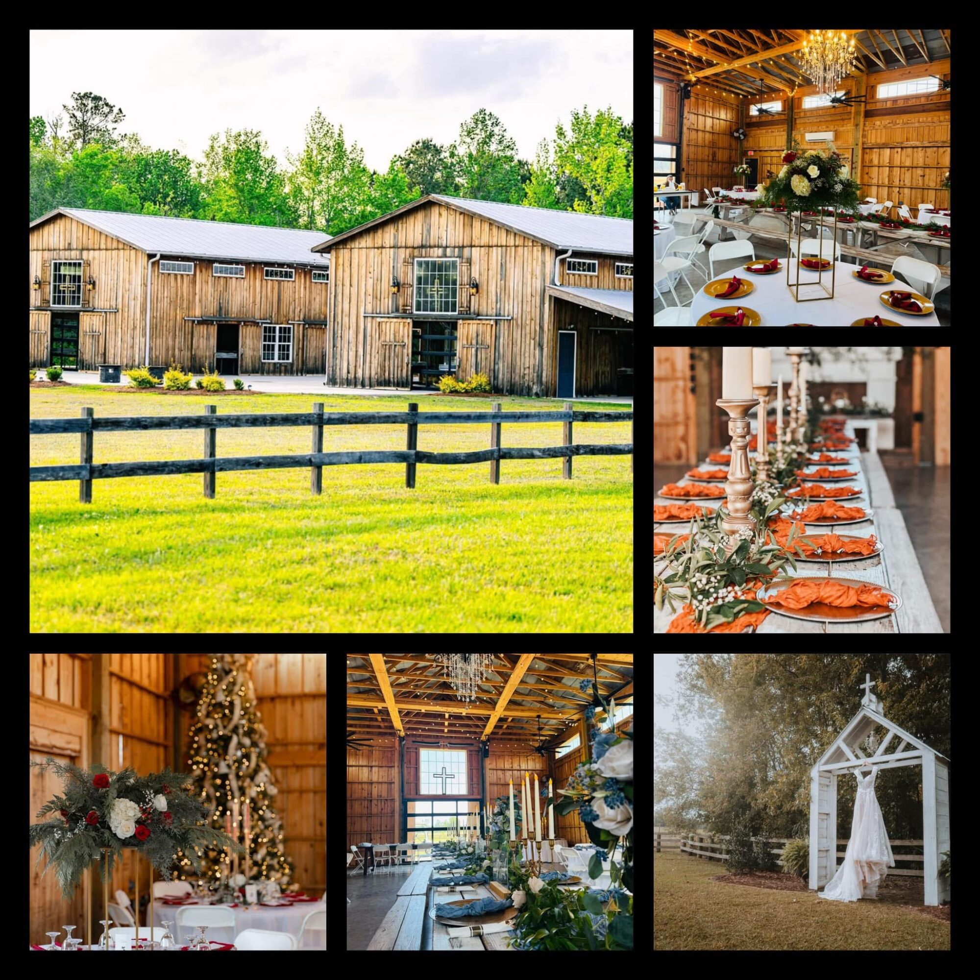 Barn exterior, decorated tables, and outdoor wedding setup with a white arch, floral arrangements, and table settings.