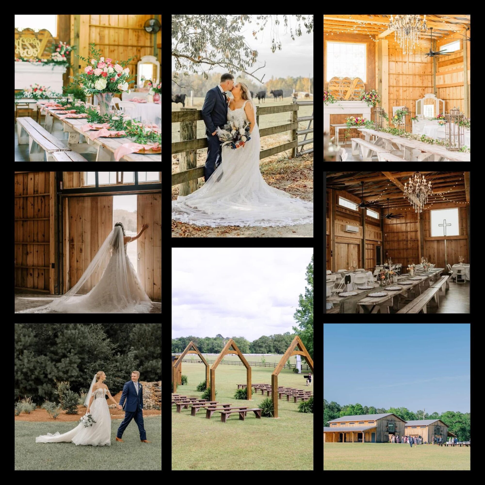 Wedding photos including a bride and groom, reception, and outdoor venue with wooden structures and a barn.