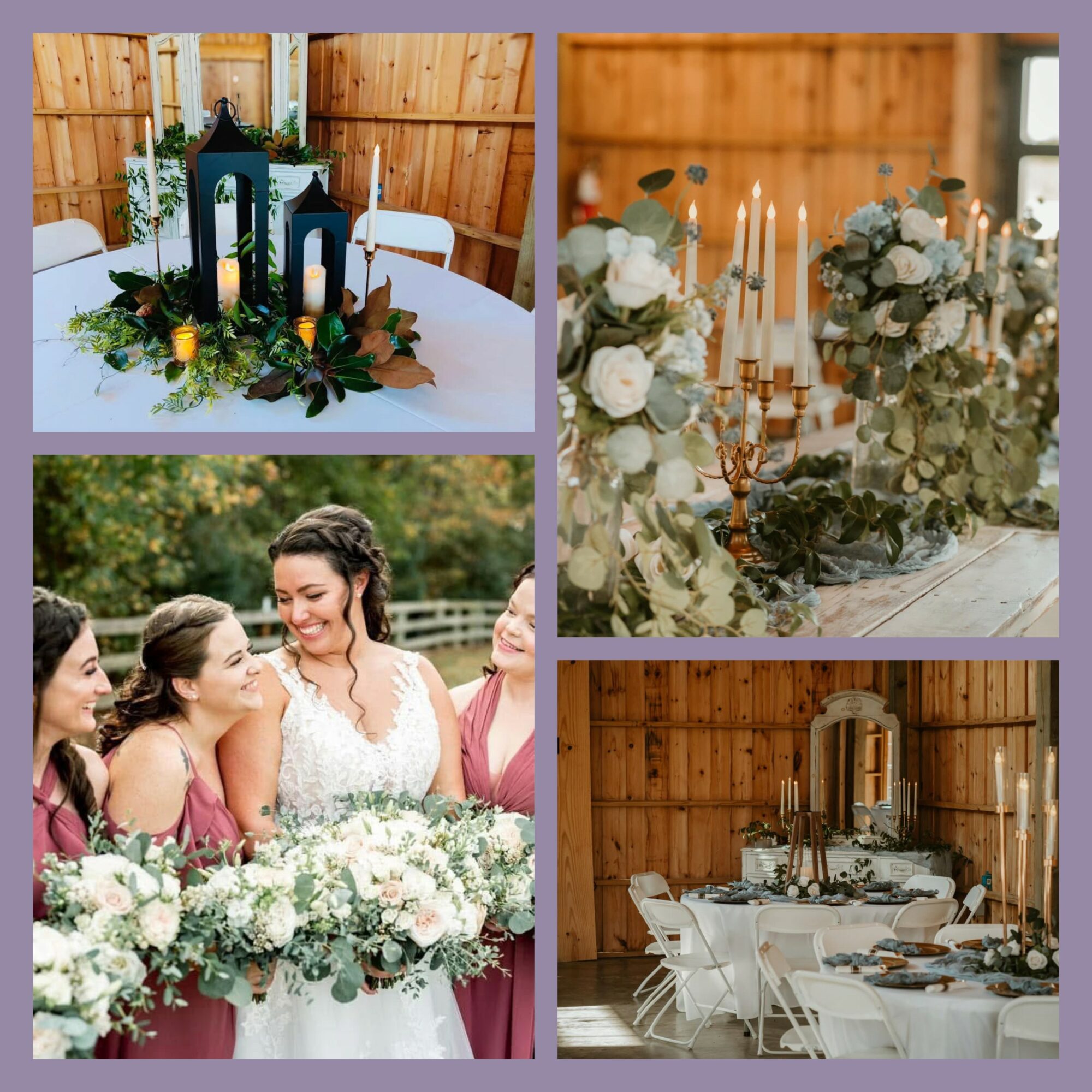 Decorative table centerpiece with candles and flowers, wedding scene with bride and bridesmaids, elegant table setting, wooden interior.