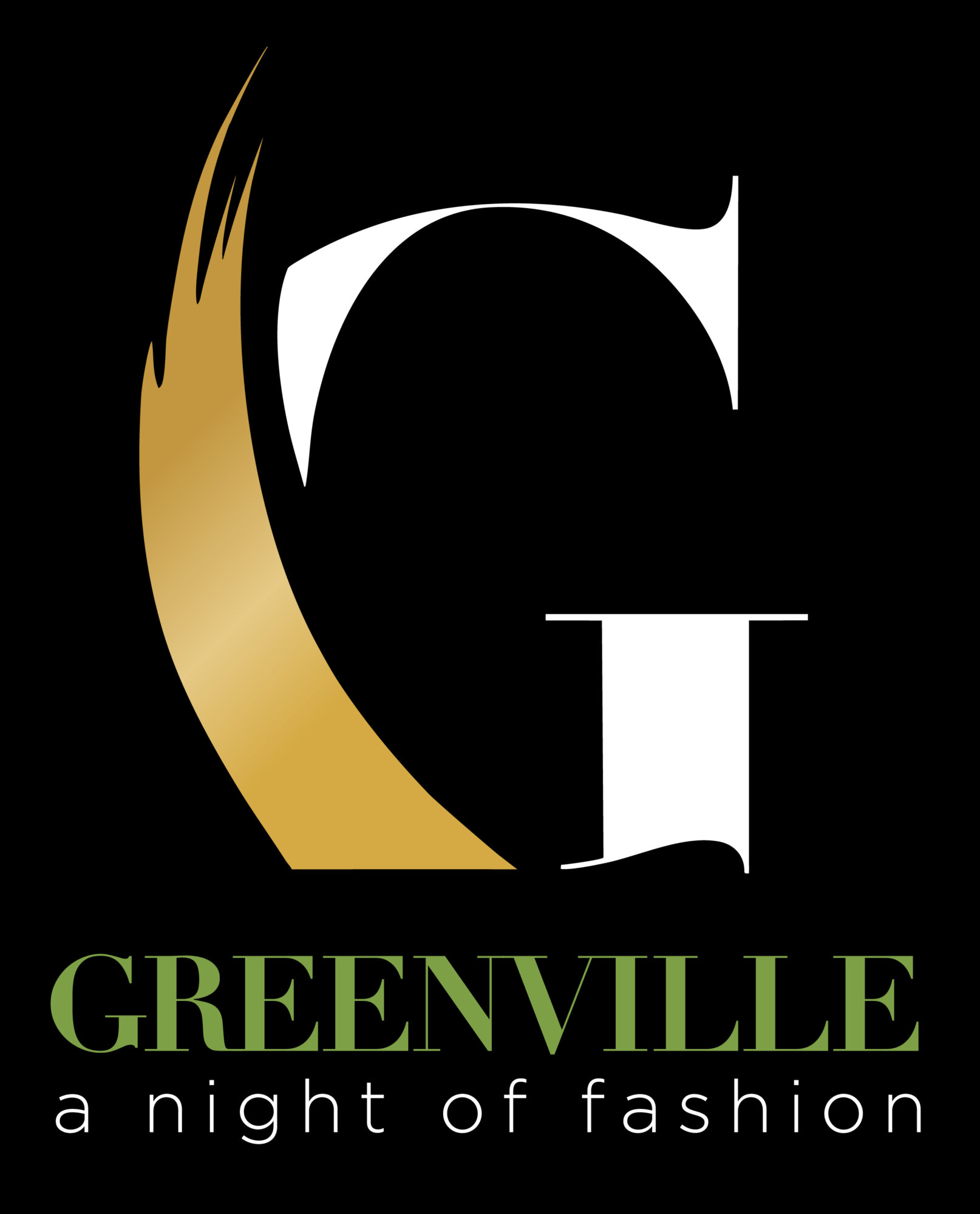 Logo with a large stylized letter G, gold and white, and green text reading 'GREENVILLE a night of fashion'.