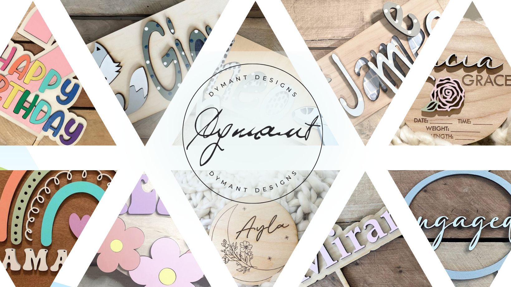 Collage of various decorative signs and cards with words and designs, arranged in a triangular pattern.