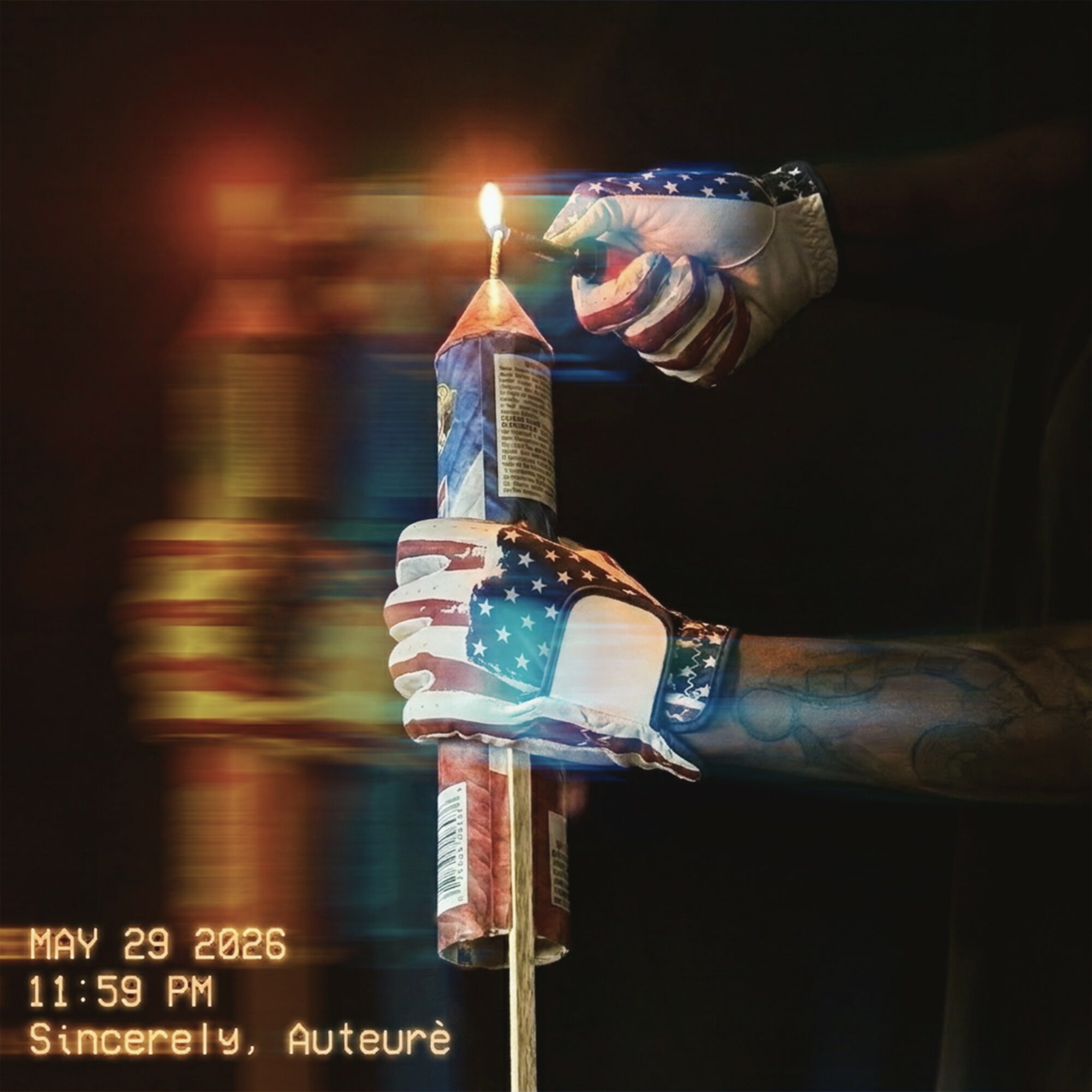 Person wearing gloves with American flag design holds a lit firework against a dark background.