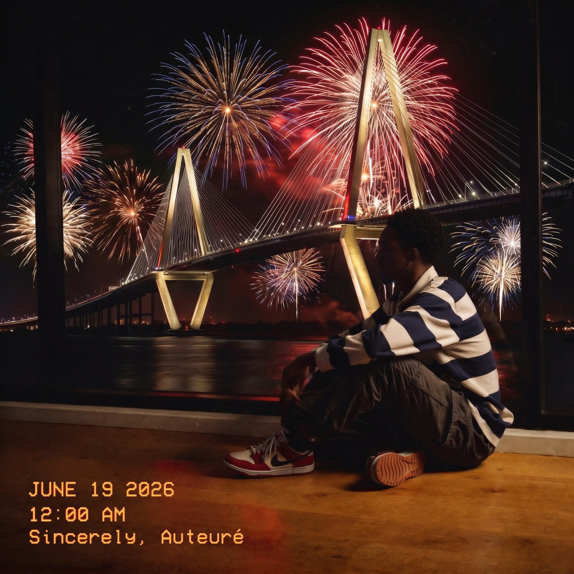Child sitting on the floor watching fireworks over a bridge at night, with a timestamp and message in the corner.