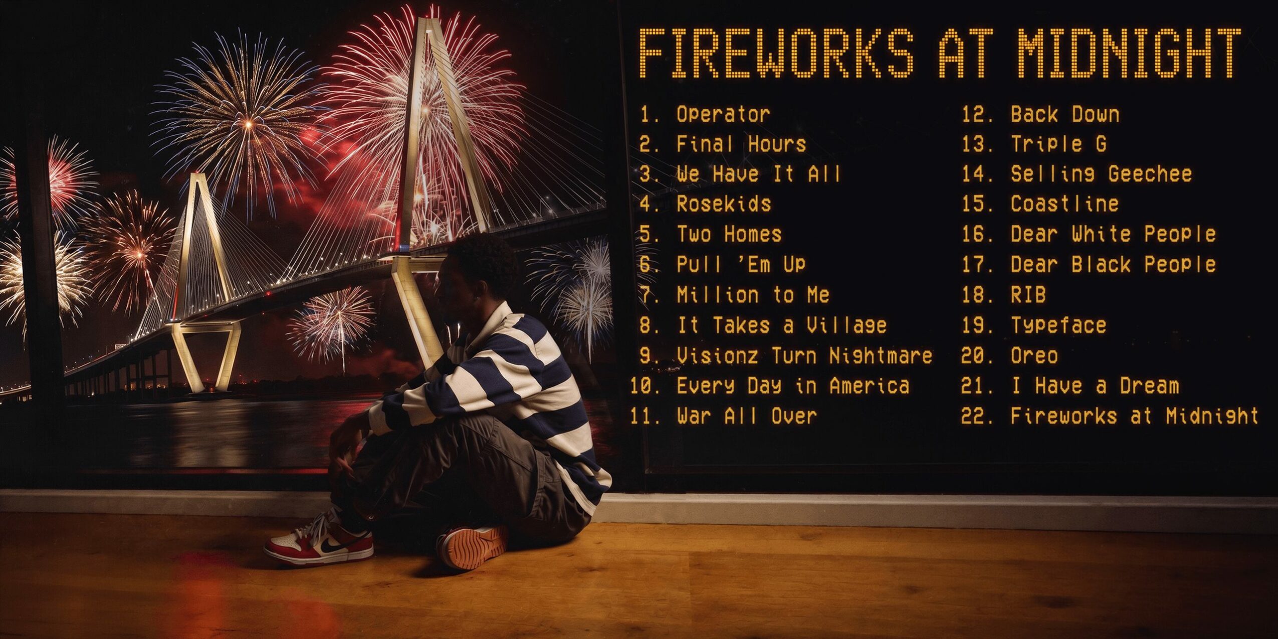 Person sitting on the floor watching fireworks display at midnight, with a list of fireworks titles on the right side.