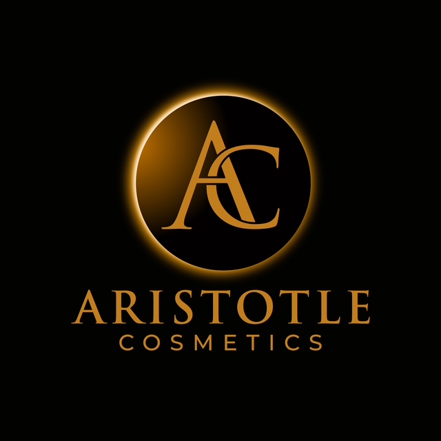 Logo with gold and black colors, featuring a circular design and the text 'ARISTOTLE COSMETICS'.